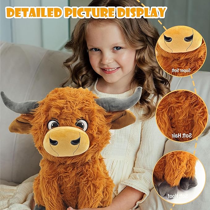 12" Highland Cow Plush Toy, Large Size Soft Stuffed Animal, Plushie, Fluffy Cute Fuzzy Highland Cattle with Horns, Adorable Gift for Kids, Toddlers & Cow Lovers, Decorative Plushie for Home or Nursery