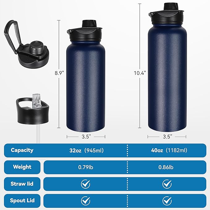 VEGOND 32 oz Insulated Water Bottle Bulk Stainless Steel Metal Water Bottles with Leak Proof Straw Lid & Spout Lid, Wide Mouth Double Walled Vacuum Travel Sports Bottle, 4 Pack