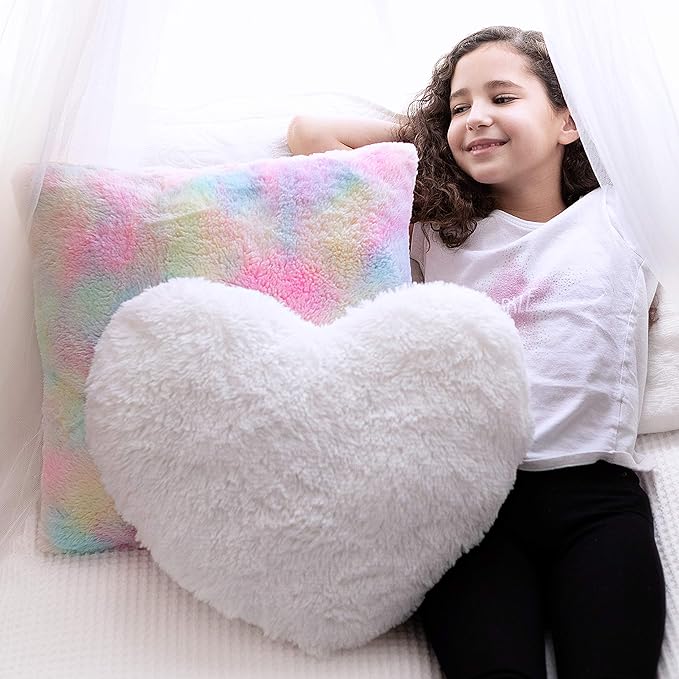 PERFECTTO Set of 2 Decorative Throw Pillows for Girls. White Fluffy Heart and Soft Rainbow Pillow. Plush Pillows for Kid’s Bedroom Décor Toddlers Princess Room, Fun and Cozy for Teepee Tent