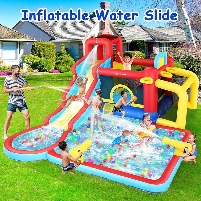 Inflatable Water Slide for Kids, 10-in-1 Water Bounce House Backyard Waterpark with Long Water Slide & Large Splash Pool Wet Dry Combo for Kids Outdoor Party Gifts, Includes 620w Blower