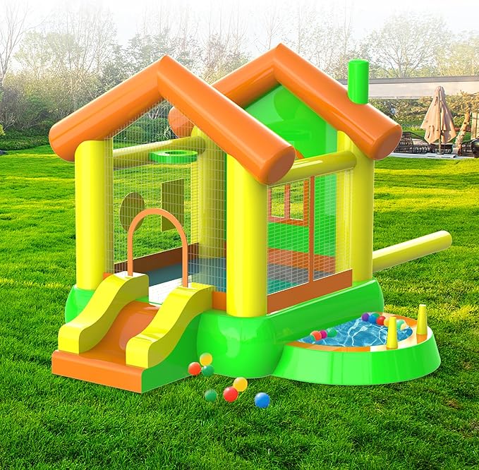 Inflatable Bounce House for Kids, 10FT Big Bounce House with Blower - Playground Backyard Slide Indoor Outdoor Wet Dry Water Park Bouncer with Blower/Ocean Ball/Target Games/Splash Pool/Basketball