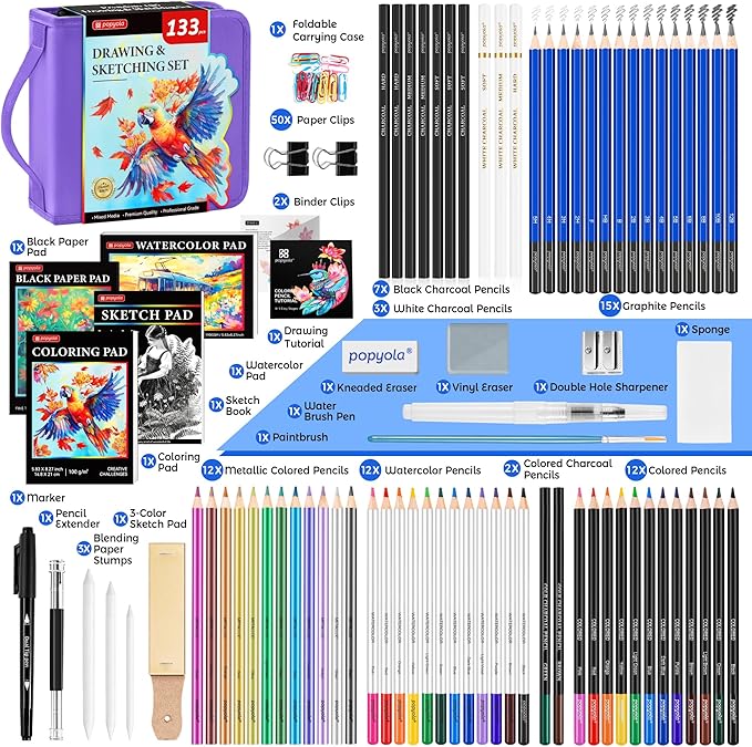 133 Pack Drawing Set Sketching Kit, Pro Art Supplies with Sketch Book, Coloring Book, Watercolor Pad, Black Paper Pad, Graphite Colored Charcoal Watercolor & Metallic Pencils, for Artists Adults Kids