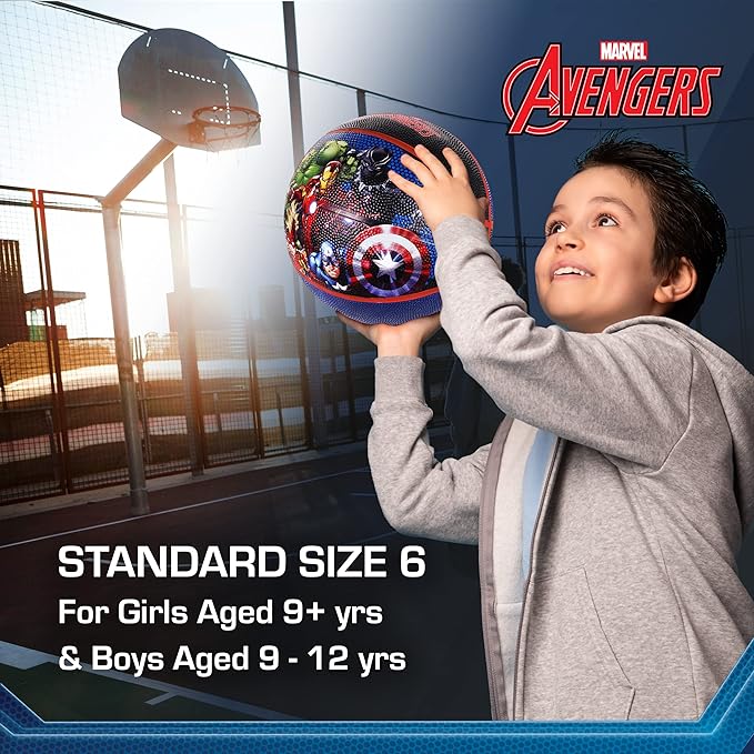 Marvel Avengers Basketball Size 6, Captain America, Iron Man, Captain Marvel, Black Panther, and Hulk Indoor and Outdoor Game Youth Sports Ball for Boys and Girls, Black