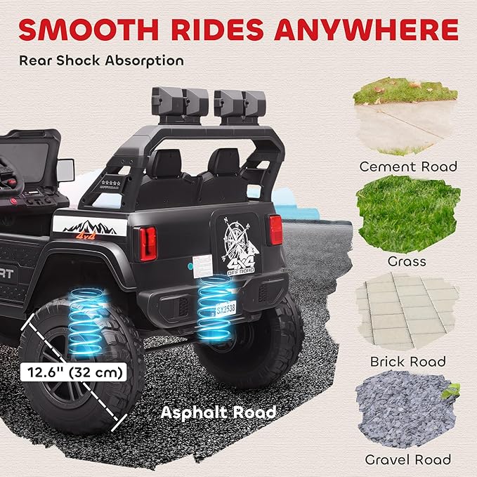 Qaba 24V 2-Seater Kids Ride on Truck Car, 44-50" L Adjustable 4WD Electric Car, 5 MPH Max Speed, Remote Control, Spring Suspension, Storage and LED Lights for Kids Ages 37-95 Months, Black