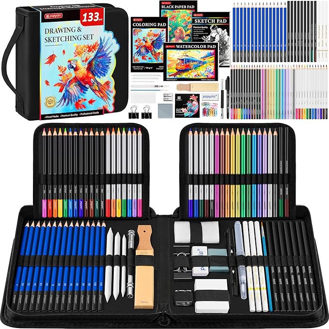 133 Pack Drawing Set Sketching Kit, Pro Art Supplies with Sketch Book, Coloring Book, Watercolor Pad, Black Paper Pad, Graphite Colored Charcoal Watercolor & Metallic Pencils, for Artists Adults Kids