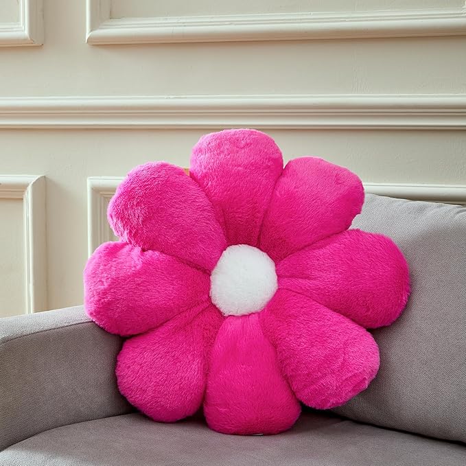 20" Large Hot Pink Flower Pillow Floor Pillow Seat Cushion – Faux Rabbit Fur Plush Throw Pillow, Cozy Floor Cushion & Gift for Kids Girls Adults