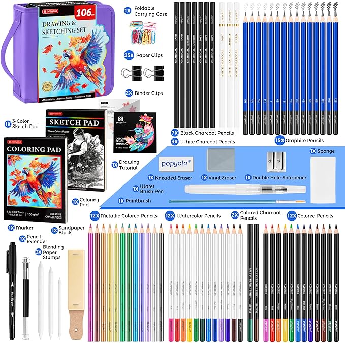 106 Pack Drawing Set Sketching Kit, Pro Art Supplies with 3-Color Sketchbook, Coloring Book, Graphite Colored Charcoal Watercolor & Metallic Pencils, Drawing Supplies Gift Case for Artists Adults Kids