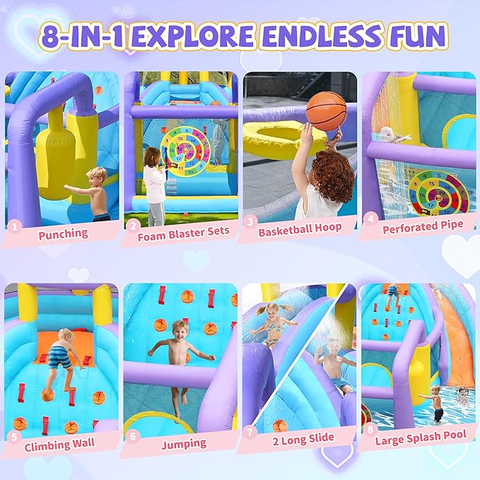 8 in 1 Inflatable Water Slide Bouncy House with Double Slides Water Park with Splash Pool,Climbing Wall,Target Game for Outdoor Backyard Aged 3-10 Kids with 520W Blower 174 x 165 x 90 Inches
