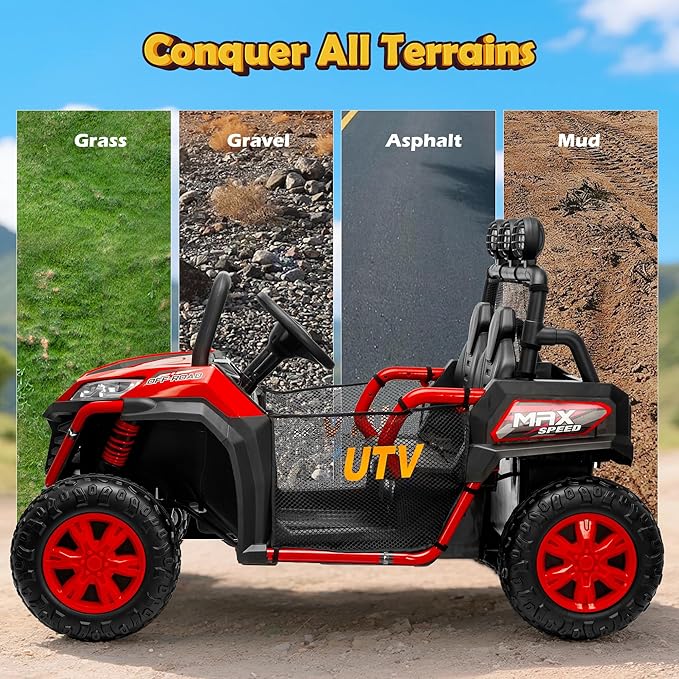 2 Seater 24V Ride On Toys for Big Kids, Electric UTV Car with Remote Control, 4-Wheeler Suspension, Side by Side Vehicle Max 110lbs, Soft Start, Bluetooth, Lights, Ride on Truck Kids 3 Years+, Red