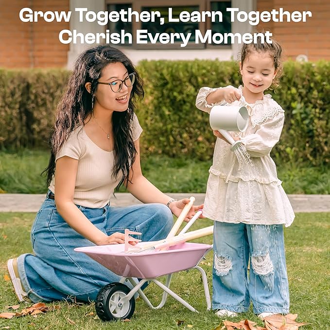 ROBOTIME Kids Wheelbarrow with Gardening Set – Metal Wheelbarrow Toddler Outdoor Play Toy with Garden Tools, Watering Can & Plant Labels, Pretend Play Yard Equipment for Boys and Girls (Pink)