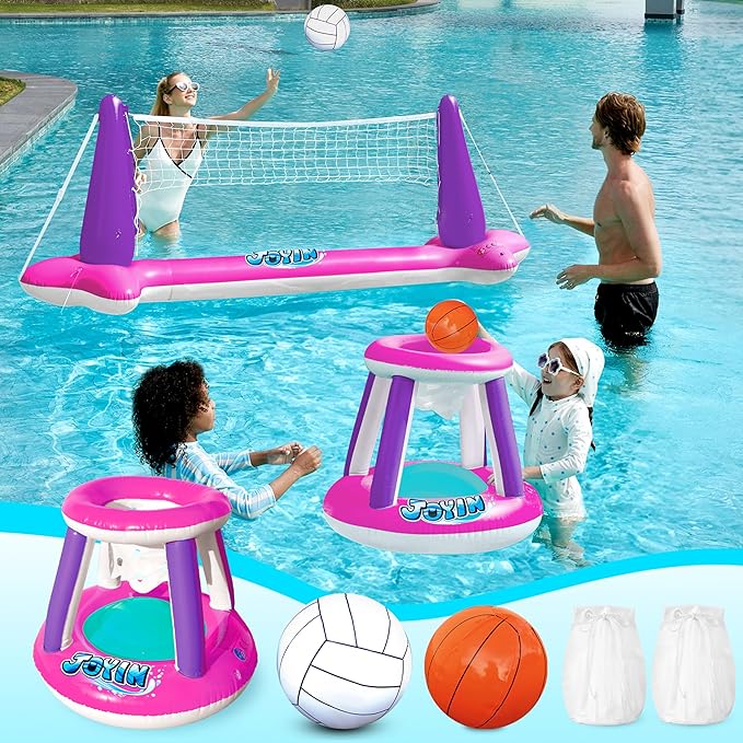 JOYIN Inflatable Pool Float Set Volleyball Net & Basketball Hoops, Floating Swimming Game Toy Floaties for Kids and Adults Volleyball Court (105”x28”x35”)|Basketball (27”x23”x27”),L-Pink Purple