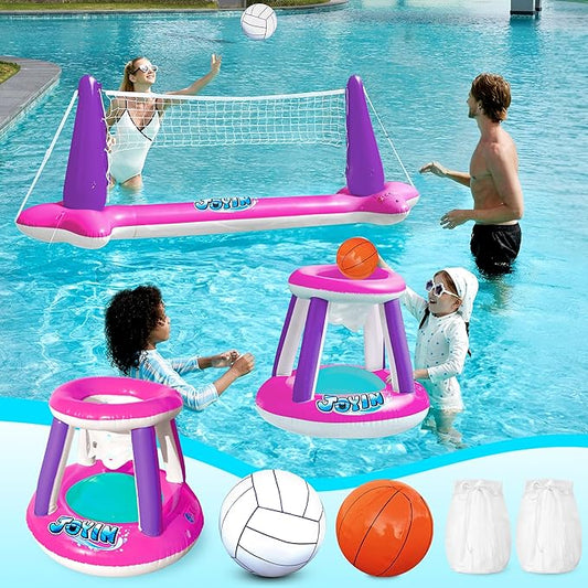 JOYIN Inflatable Pool Float Set Volleyball Net & Basketball Hoops, Floating Swimming Game Toy Floaties for Kids and Adults Volleyball Court (105”x28”x35”)|Basketball (27”x23”x27”),L-Pink Purple