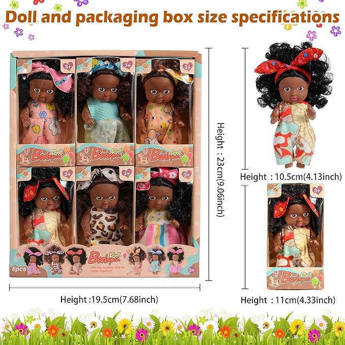 Adorable 6 Pack African Girl Dolls - Posable 4-Inch African American Dolls with Curly Hair & Stylish Outfits