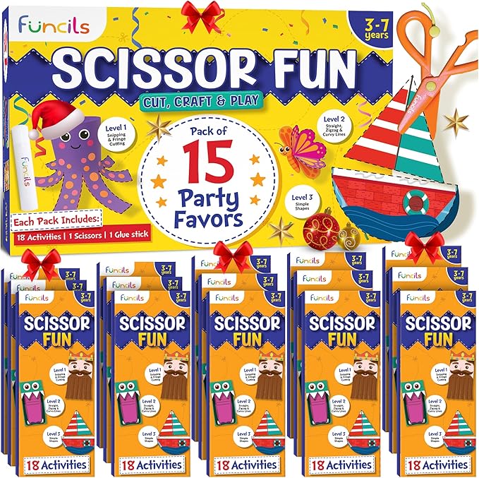 Funcils Educational Kids Party Favors (15 Pack) - Scissor Skills Craft Activity Kits with Book, Scissors & Glue - Birthday Goodie Bags Stuffers, Classroom Return Gifts for Boys & Girls Ages 3 4 5 6 7