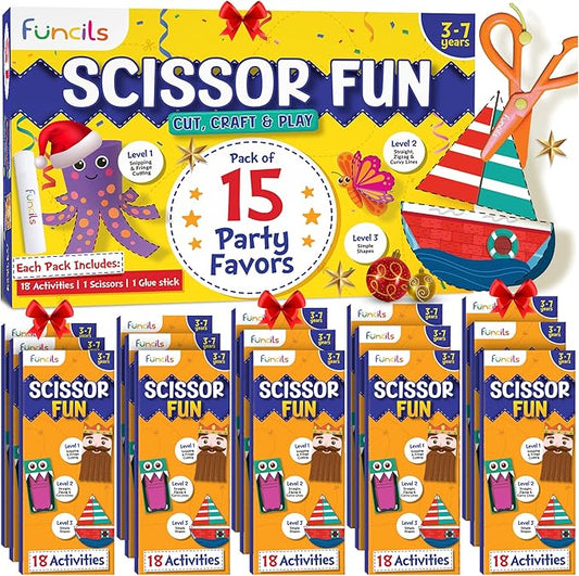 Funcils Educational Kids Party Favors (15 Pack) - Scissor Skills Craft Activity Kits with Book, Scissors & Glue - Birthday Goodie Bags Stuffers, Classroom Return Gifts for Boys & Girls Ages 3 4 5 6 7