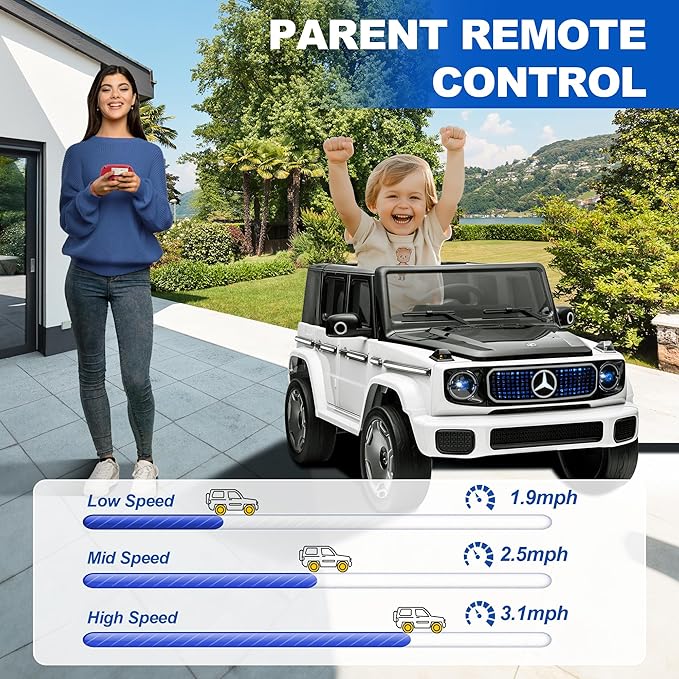 12V Ride on Kids Car, Electric Ride on Toy with Remote Control, LED Lights, Music & 3 Speeds, for Kids Ages 37–96 Months, White