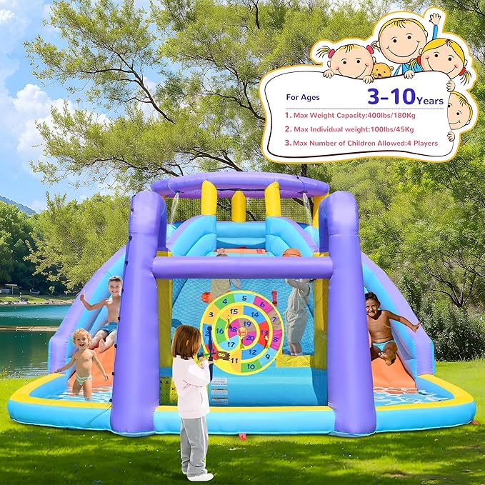 8 in 1 Inflatable Water Slide Bouncy House with Double Slides Water Park with Splash Pool,Climbing Wall,Target Game for Outdoor Backyard Aged 3-10 Kids with 520W Blower 174 x 165 x 90 Inches