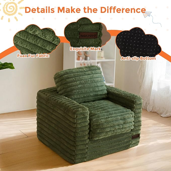 MAXYOYO Kids Bean Bag Chair, Comfy Faux Fur Bean Bag Sofa with Filler, Upholstered Floor Sofa with Pillows and Armrests, Lazy Floor Chair Couch for Boys and Girls, Green