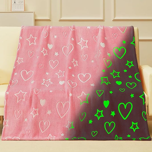 Glow in The Dark Heart Blanket,Heart Gifts Toys for Girls, Birthday Presents Decor for Kids Age 3-14 Year Old Daughter Teen Child Toddler Soft Luminous Christmas Bedroom Throw Blanket 50"x60"