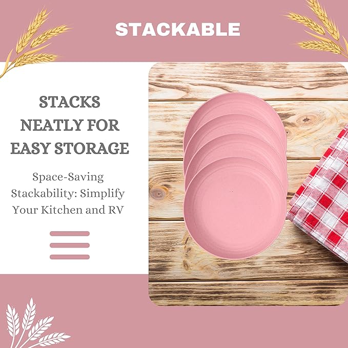 ECOSTAR Wheat Straw Dinnerware Sets Unbreakable Plates Bowls and Cups Reusable Utensils Dishwasher Microwave Safe Bowls and Plates Sets (Pink)