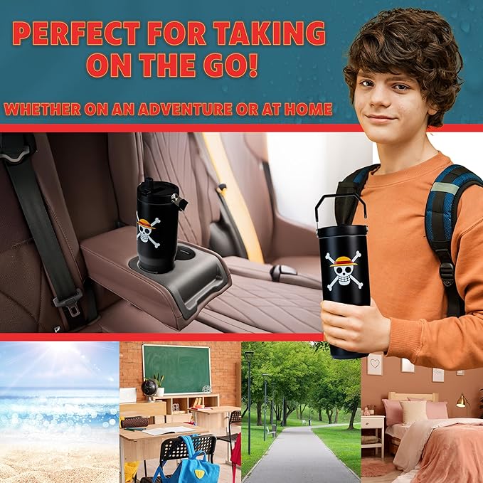 Get Trend One Piece Tumbler with Straw 30oz Kids Teens Insulated Cup with Lid Handle Travel Mug Cups with Lids for School Sports Anime Gifts for Kids (Black One Piece)