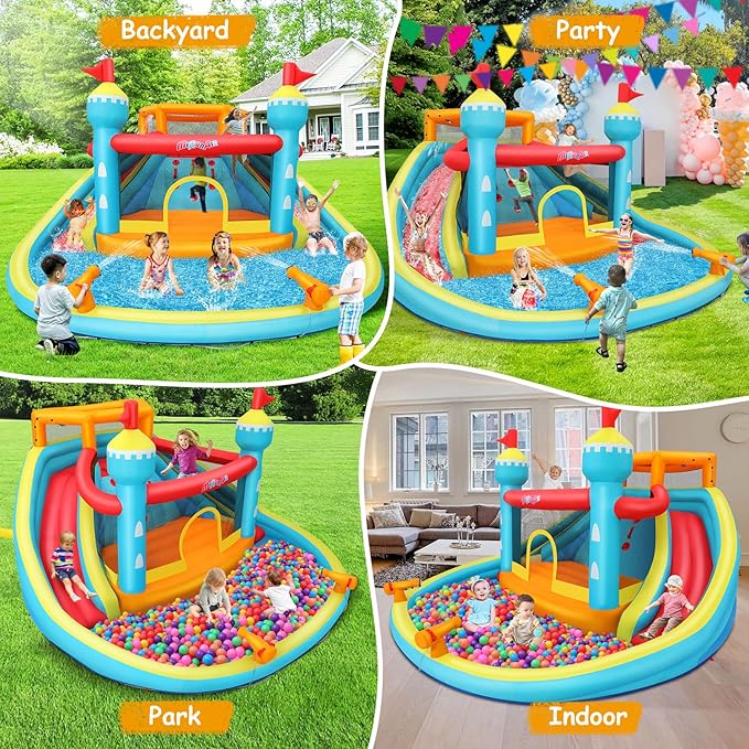 AKEYDIY Bounce House Water Slide, Inflatable Water Slide Park with with Long Slide, Pool, Climbing Wall, Water Gun for Outdoor, Blow up Water Slides Bounce House Castle for Kids Backyard Party Gifts