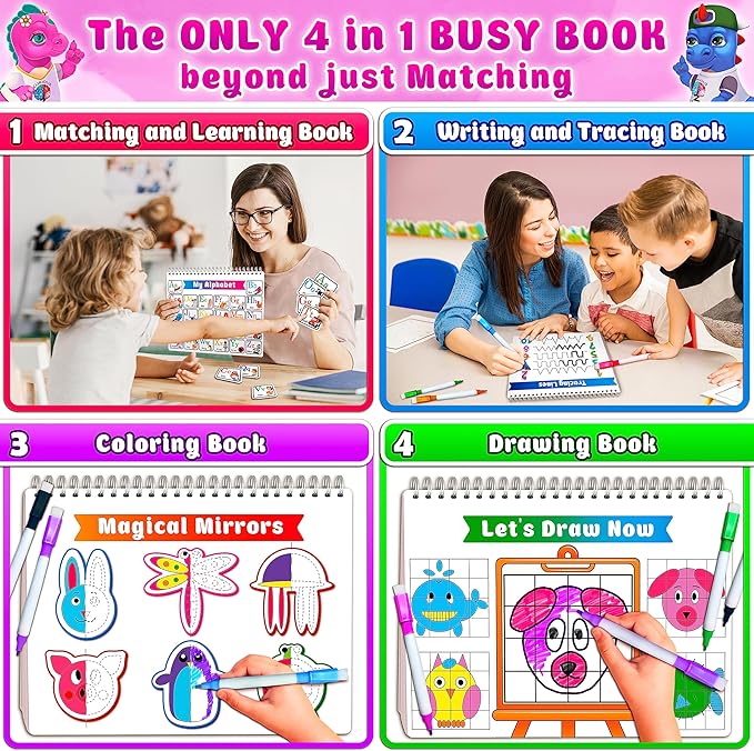 Curious 2 Learn Montessori Busy Book for Toddlers Ages 3–5 – Premium Thick Pages, Preassembled Learning Binder with 28 Activities, Travel Bag & 8 Markers – Durable Educational Montessori Toy
