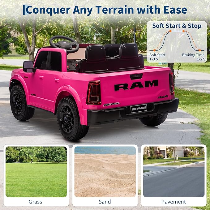 24V Ride on Car Licensed RAM 2500, 2 Seater Ride on Car for Kids w/Remote Control, Toddler Electric Car w/Truck Bed, 3 Speed, LED Lights, Bluetooth, Suspension, Gifts for Boys Girls, Pink
