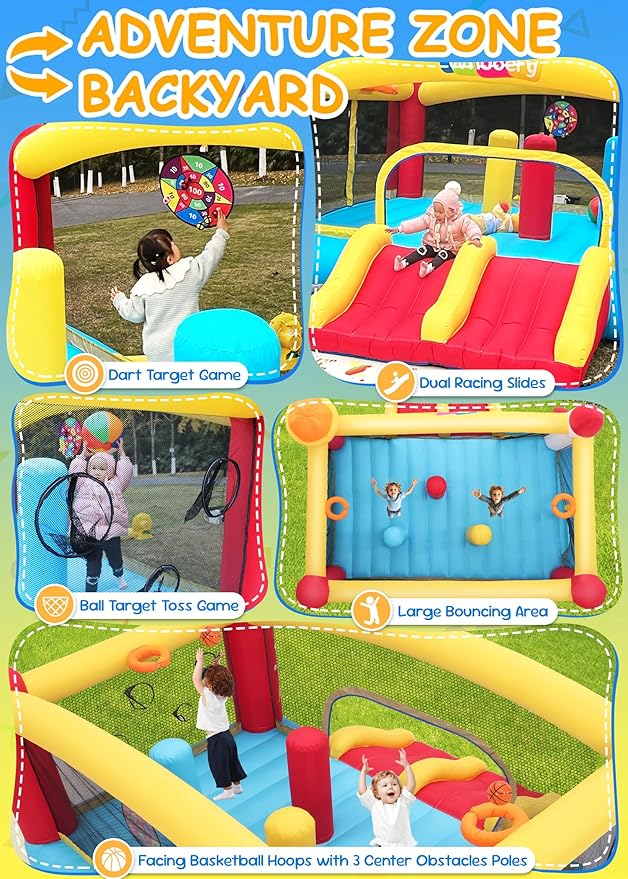 Whubefy Inflatable Bounce House Double Slide for Big Kids 3-6 8-12 with 3 Punching Bag Large Space Rocket Blow Up Bouncy Castle Obstacle Course 13.1x11.2x7.1ft w/Blower Indoor Outdoor Fun