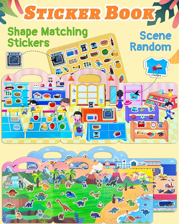 Benresive Reusable Sticker Book for Toddlers 2-4 Years, 3 Sets Travel Stickers for Kids, Waterproof Sticker Books for Toddlers 1-3, Crafts Activities for Todddlers 1-3 2-4 3-5