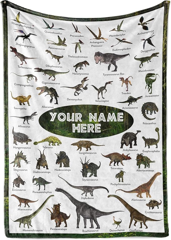 Personalized Dinosaur Blanket for Kids, Ships Next Day - Dino Throw Blanket for Boys and Girls, Toddler Bed, Room & Bedroom Decor - Educational Blankets for Children - USA Based (50x60, Sherpa)