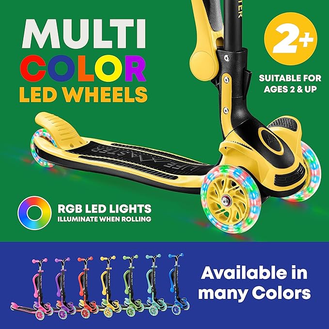 Kids Scooter – Foldable Seat – LED Wheel Lights Illuminate When Rolling – Children and Toddler 3 Wheel Kick Scooter – Adjustable Handlebar – Indoor and Outdoor- by Lifemaster
