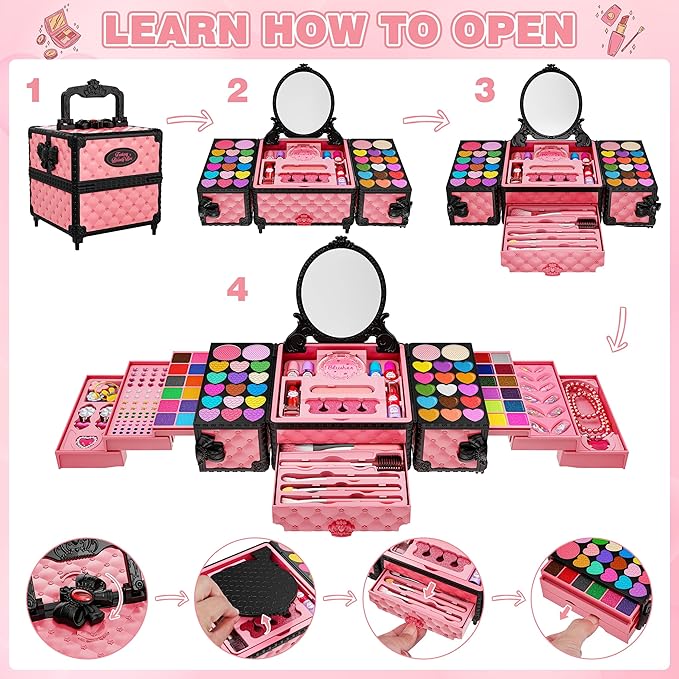 99 Pcs Kids Makeup Kit for Girls, Princess Toys Real Washable Cosmetics Set with Mirror, Hair Ties, Nails, Rings, Earrings, Necklace, Perfect for 3 4 5 6 7 8 Year Old Girls Birthday