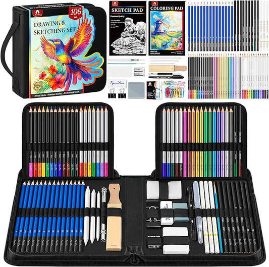 106 PCS Art Supplies Sketching Kit, Pro Drawing Pencils with 3-Color Sketchbook, Coloring Book, Colored Graphite Charcoal Watercolor & Metallic Pencils, Drawing Supplies Gifts for Artists Adults Kids