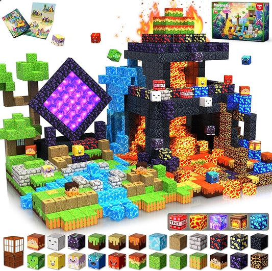 Magnetic Blocks - 300 PCS with Light Up Blocks Dinosaur Volcano Forest Castle Set - Kids Classroom Sensory Toy for Toddlers STEM, Construction Stacking Toy Kids 3+ Boys Girls Christmas Birthday Gifts
