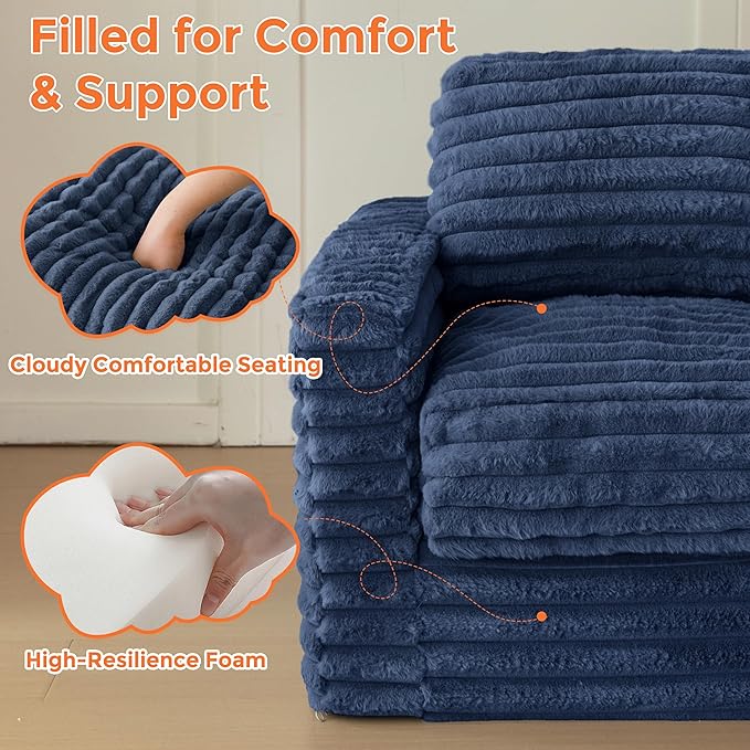 MAXYOYO Kids Bean Bag Chair, Comfy Faux Fur Bean Bag Sofa with Filler, Upholstered Floor Sofa with Pillows and Armrests, Lazy Floor Chair Couch for Boys and Girls, Navy