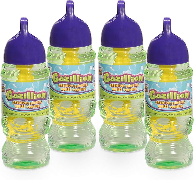 Gazillion Bubbles 10 oz. 4-Pack + 4 Multi Bubble Wands, Non-Toxic, Long-Lasting Bubbles, Great for Kids Parties, Ages 3+