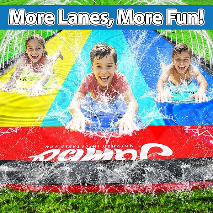 JAMBO XL 20Ft Premium 3 Lane Slip Splash and Slide with 3 Bodyboards, Heavy Duty Water Slide- Advanced 3-Way Water Sprinkler System, Backyard Waterslide Outdoor Water Toys n Slides for Kids Splash Pad