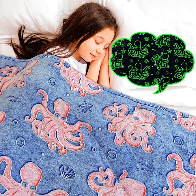 Glow in The Dark Octopus Blanket for Kids - Soft Fleece Ocean Animal Throw Blanket Sea Creature Octopus Gifts Toys for Boys & Girls 3-12 Years Old 50x60inch