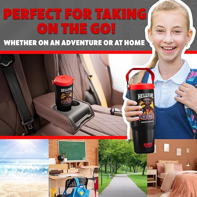 Get Trend Stranger Things Tumbler Stainless Steel with Straw 30oz Kids Teens Insulated Cup with Lid Travel Mug Cups for School Sports Gifts for Kids (Black/Red Stranger Things)