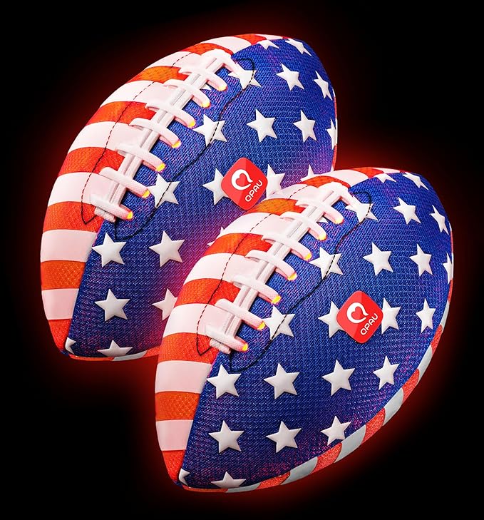 QPAU 9" Glow in The Dark Football (Size 3, 2 Packs), Light Up Youth Football with Pump & Batteries, Outdoor Toys & Games for Boys Girls, Birthday Gifts for Kids and Teens