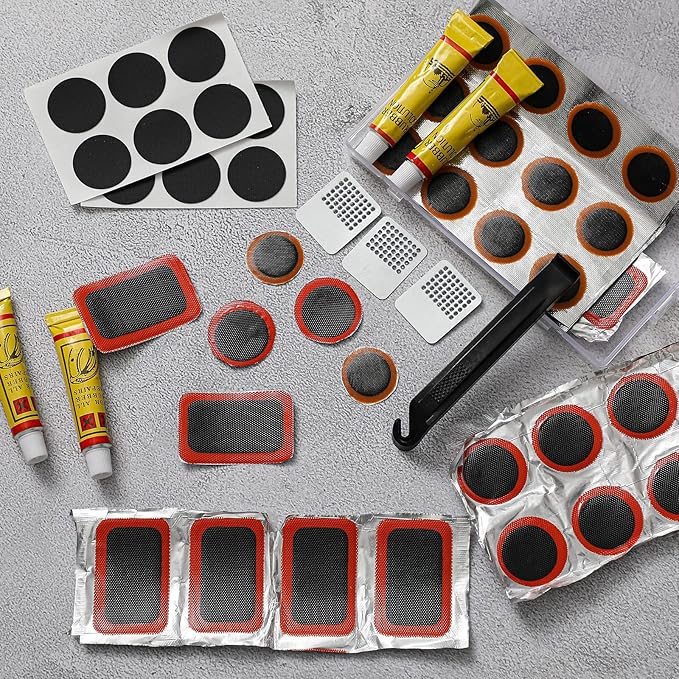 Tallew 72 Pcs Bike Tire Repair Kit with 50 Pcs Vulcanizing Patches, 12 Pcs Pre Glued Patches, 4 Pcs Vulcanizing Fluid, 4 Pcs Metal Rasp and 2 Pcs Plastic Levers for Cycling Motorcycle Bicycle
