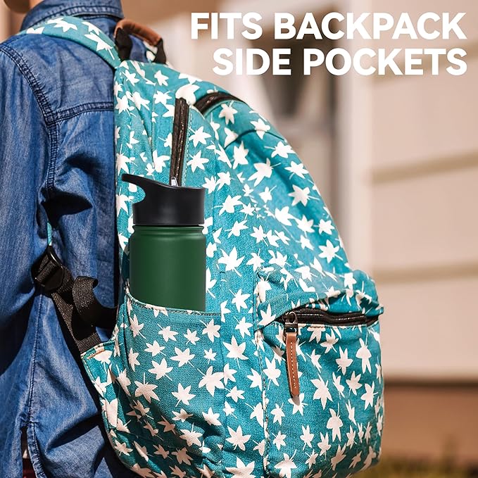 16 oz Insulated Water Bottle Bulk 8 Pack, Straw & Spout Lid, Keep Cold 24H, Spill Proof, BPA-Free, Double Wall, Stainless Steel Kids Water Bottles for School, Sports, Dark Green