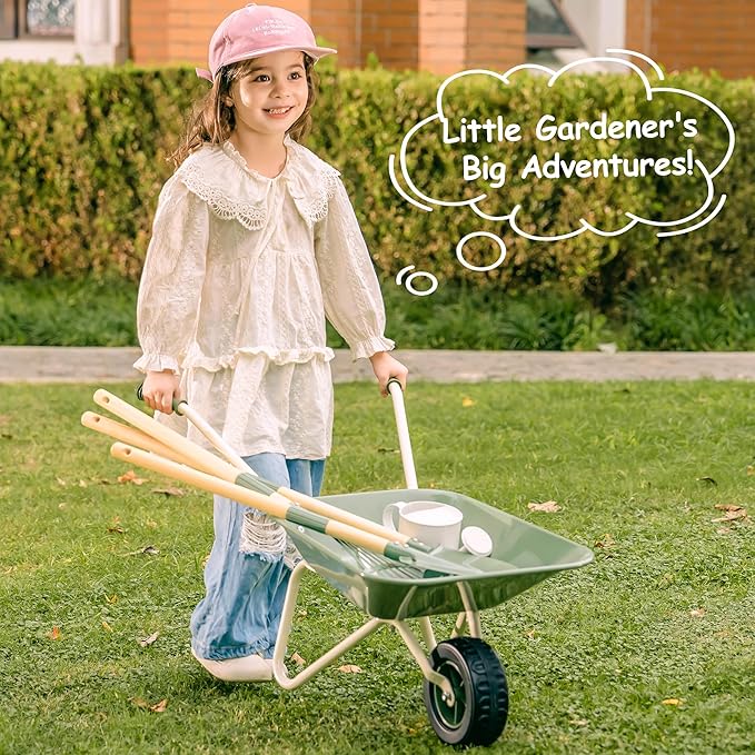 ROBOTIME Kids Wheelbarrow with Gardening Set – Metal Wheelbarrow Toddler Outdoor Play Toy with Garden Tools, Watering Can & Plant Labels, Pretend Play Yard Equipment for Boys and Girls (Green)