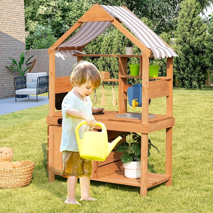 OOOK Mud Kitchen for Kids Outdoor, Kids Kitchen Playset with Canopy, Gardening Tools, Chalkboard, Flower Pot, Cookingware, Removable Water Tank, Ideal Gift for Boys and Girls 3+, Solid Fir Wood.