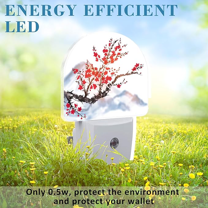 Plug in Night Lights Oriental Cherry Tree Ink Painting Nightlight Plug Into Wall Dusk to Dawn Sensor LED Night Light for Kid Girls Boys Room Decor,Hallway,Kitchen,Bathroom,Nursery,Stairs