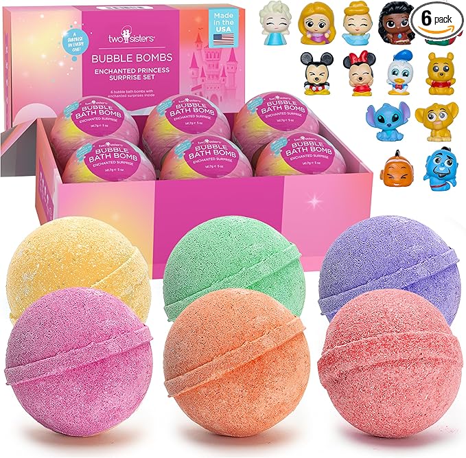 Princess Bath Bombs for Girls with Surprise Toys Inside (6 Pack) – Large Fizzy Bubble Bath Bomb for Kids - Princess, Mermaid, Fairytale Bath Toys – Fruity Scent, Skin-Safe, Made in USA by Two Sisters