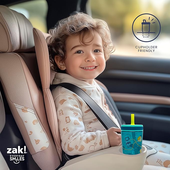 Zak Designs Kelso Toddler Tumblers Benefiting St. Jude, For Travel or At Home, 15oz 2-Pack Durable Plastic Sippy Cups With Leak-Proof Design is Perfect For Kids (Space and Smiles)