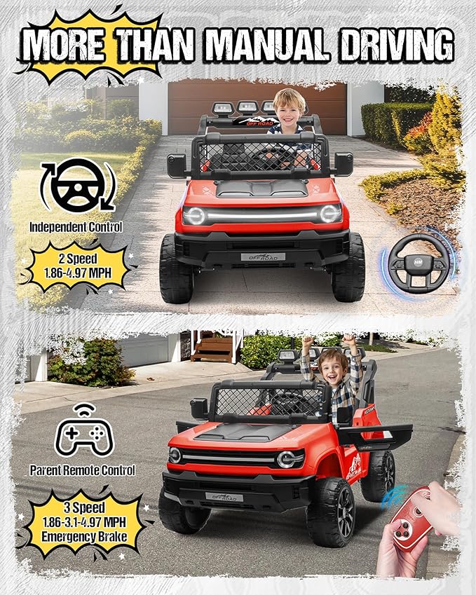 24V Ride on Toys for Big Kids, 2 Seater Electric Car w/22'' Large Seat, Remote Control, Shovel, 4X200W Engines, 4WD/2WD Switchable, Truck Bed Storage, Ride On Truck Toy for Boy Girl, Red