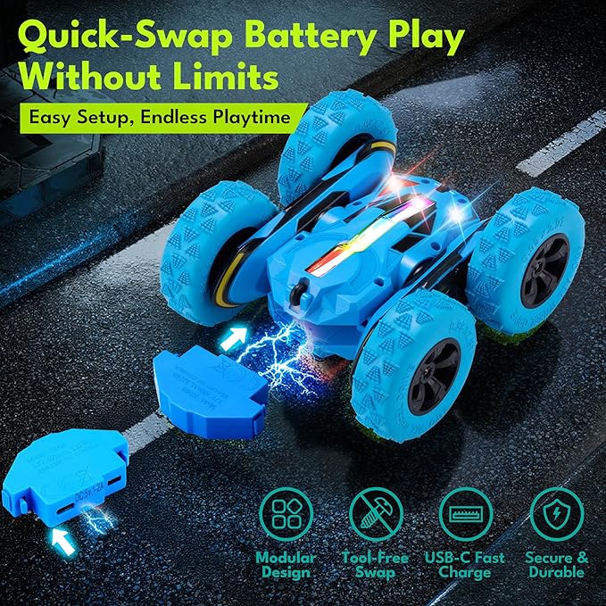 Threeking Remote Control Car RC Cars Toys for Boys Girls Ages 6-12, Upgraded USB-C Modular Batteries, 4WD Stunt Car with Breathing Soft Lights, Double-Sided Driving & 360° Flips, Presents Gifts, Blue